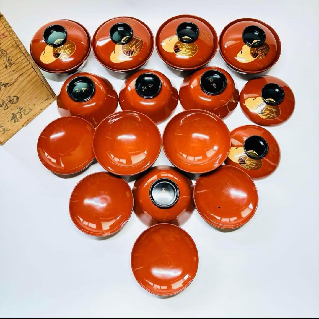 漆器　輪島塗　木製　蒔絵　溜塗　吸物椀　蓋付椀　汁椀　10客　共箱