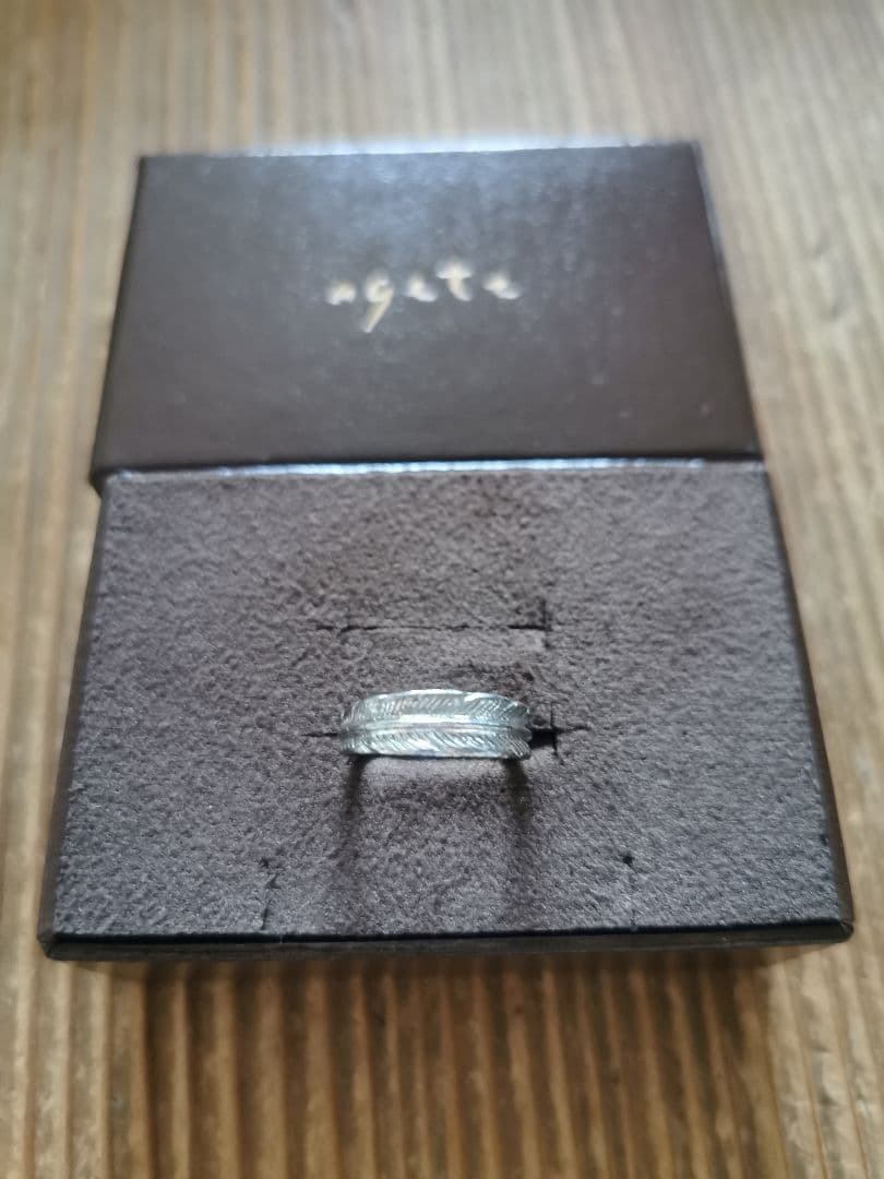アガット K18WG フェザー 鷲羽 彫金細工ウェディングバンドリング 箱付き