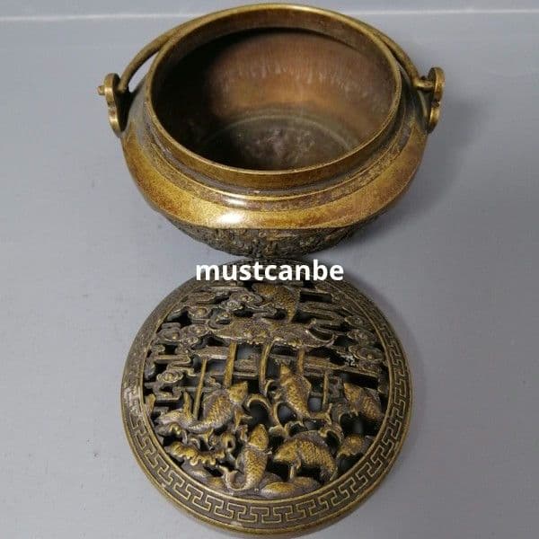 銅器 牡丹花透かし彫り蓋龍鳳呈祥香炉 暖手炉 香道具 工芸品 置物
