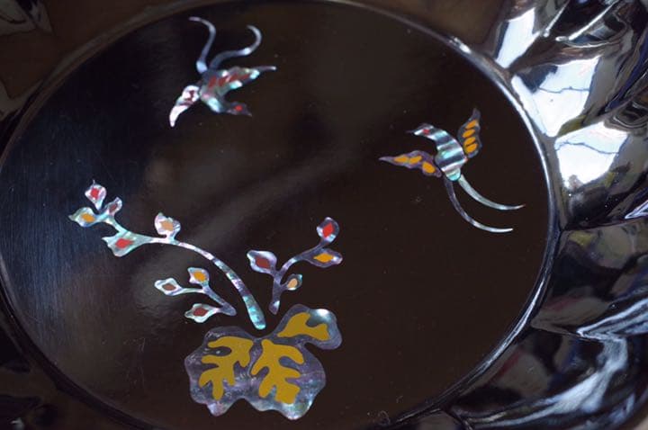 螺鈿 漆器 桐鳳凰紋 菓子盆 共箱 二枝鼈甲美術店 盛皿 平皿 飾り皿 骨董