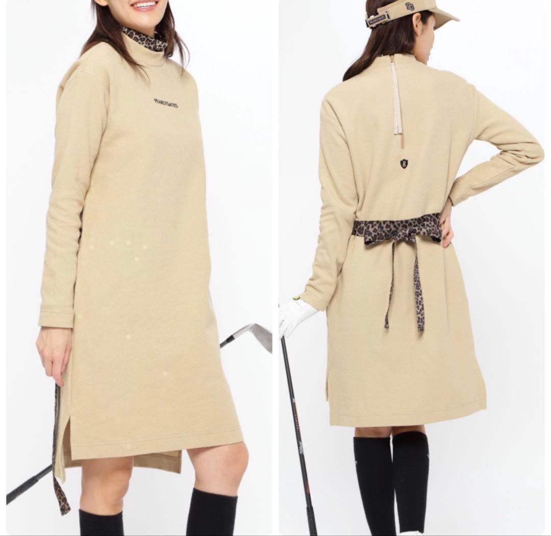 パーリーゲイツ　レオパード柄　長袖　モックネック　ワンピース　ベージュ　春秋