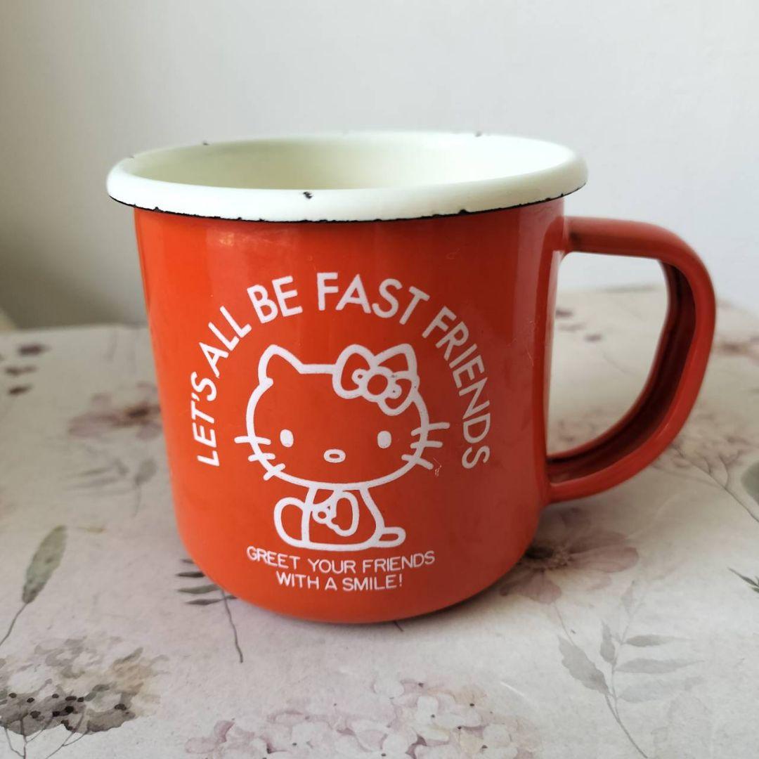 【昭和レトロ】激レア！47年前のキティちゃん ホーローマグ オレンジ 観賞用