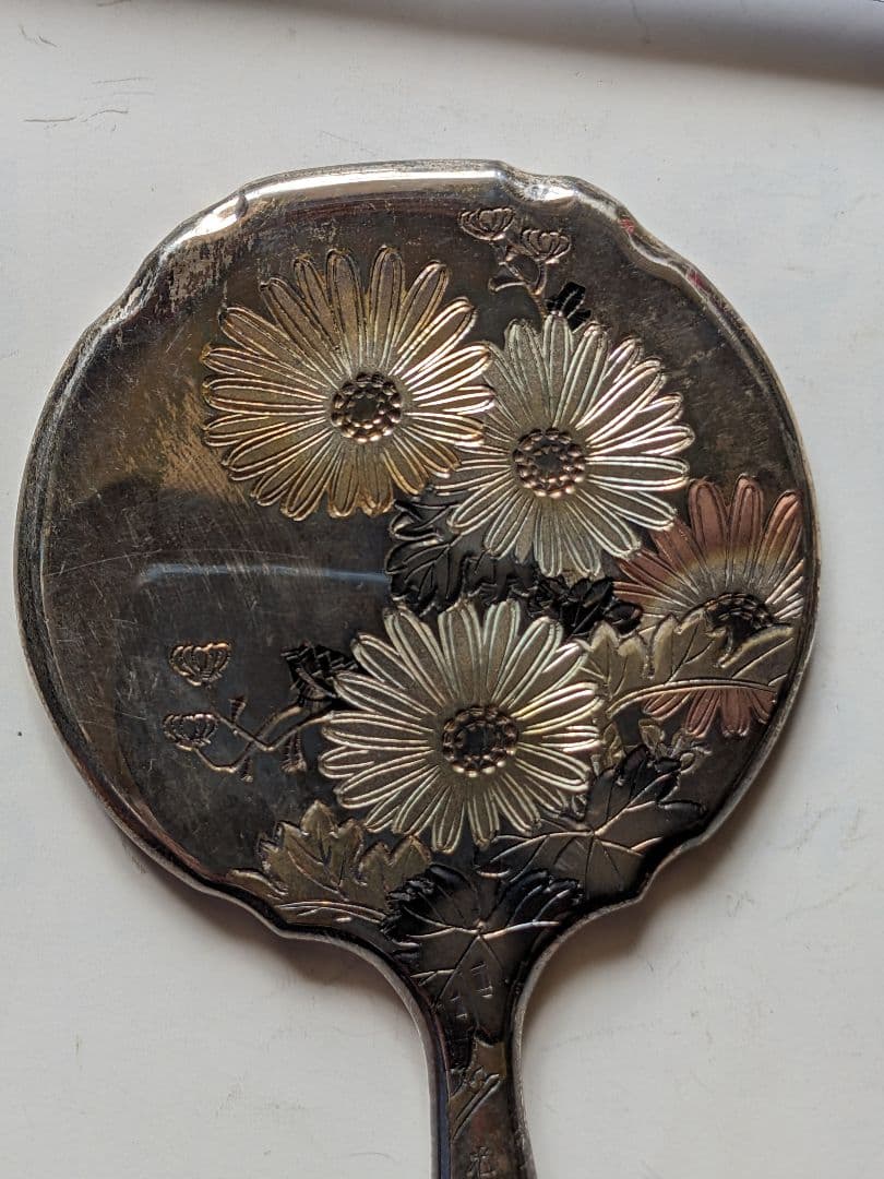♦鏨彫り彫金 光山作 手鏡 銀細工 刻印 SILVER 貴金属 宝飾品 骨董品