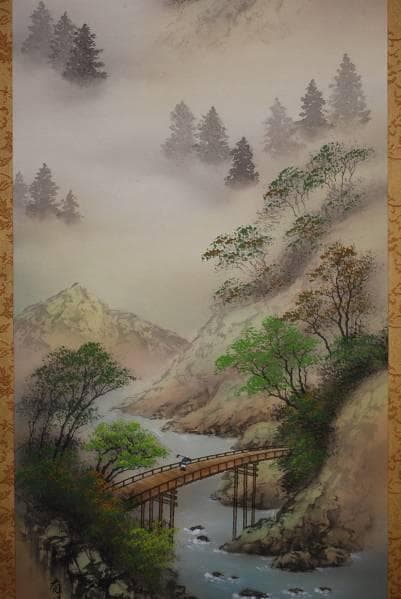 真作/有明/彩色山水図/桐共箱付/布袋屋掛軸HC-89