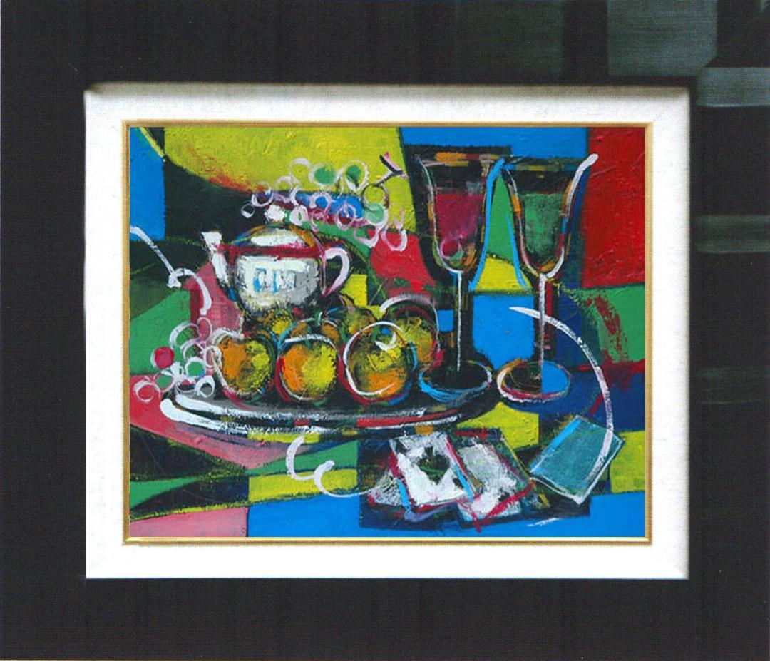 油絵 菅家令子 絵 絵画インテリア 額付(青緑＋金色の枠) uF6-120309