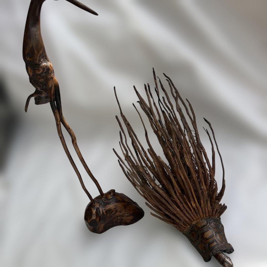 (467)アンティークな木製の鶴と亀さんの枝のアート