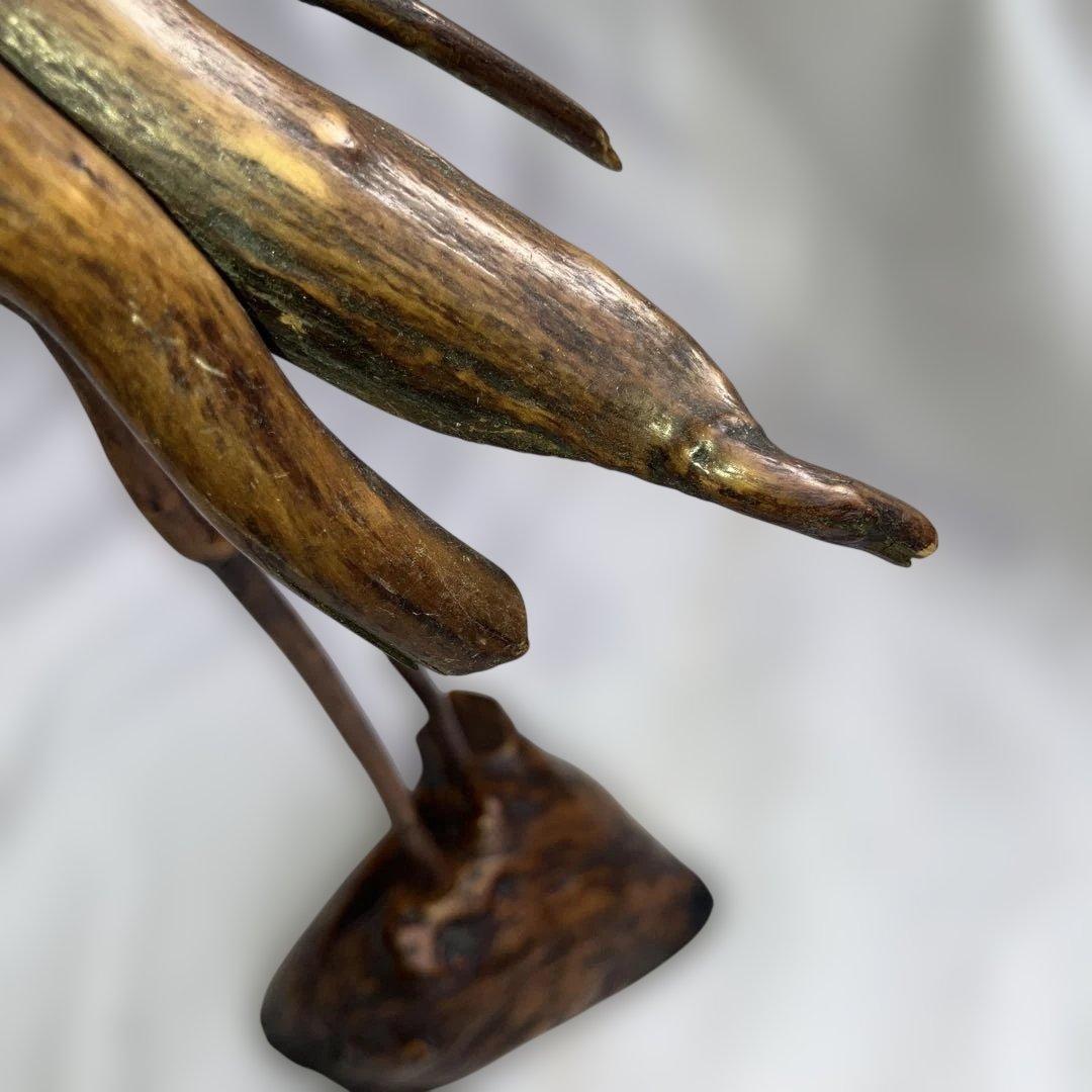 (467)アンティークな木製の鶴と亀さんの枝のアート