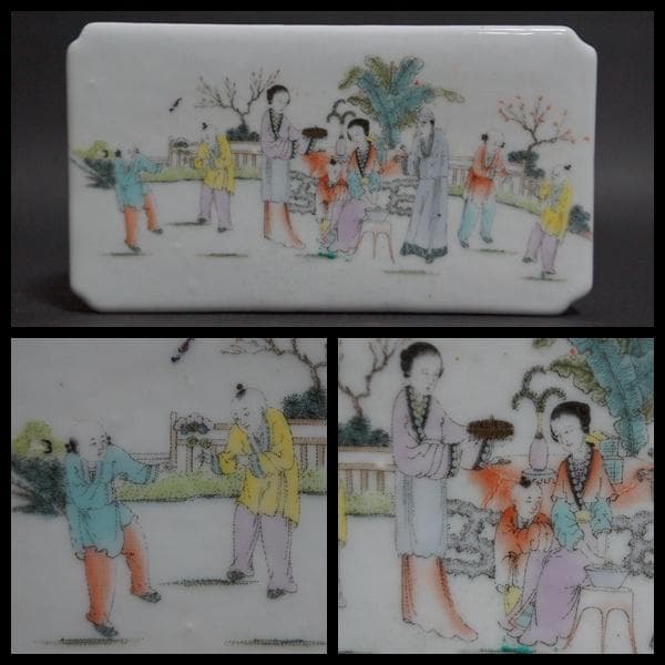 書道具 粉彩色絵『人物風景図』透かし彫り文鎮 文房具 飾り置物★時代物★