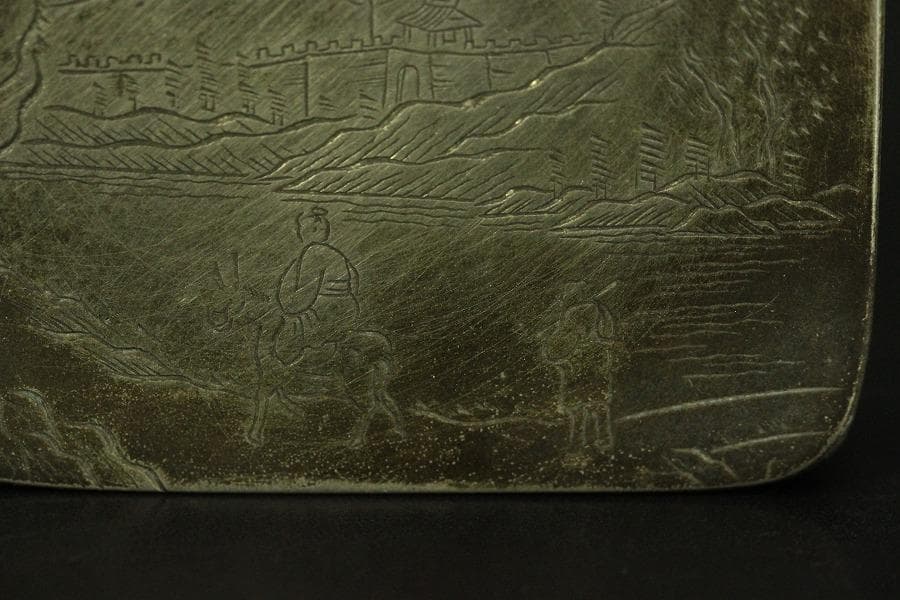 中国美術 古錫 刻 古城眺馬上人物紋 題詞 蓋物 文房四宝(HA433)