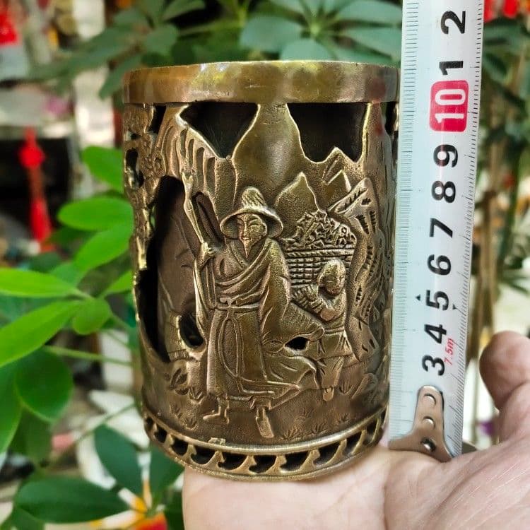 銅器 二重透かし彫りの筆箱 書道具 文房具 工芸品 美術品 置物