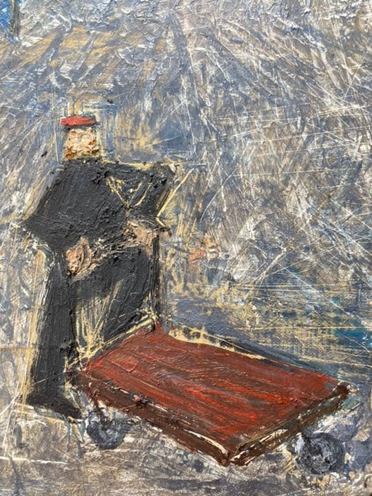 西村功 「 車を引く赤帽　」　F3号 油彩