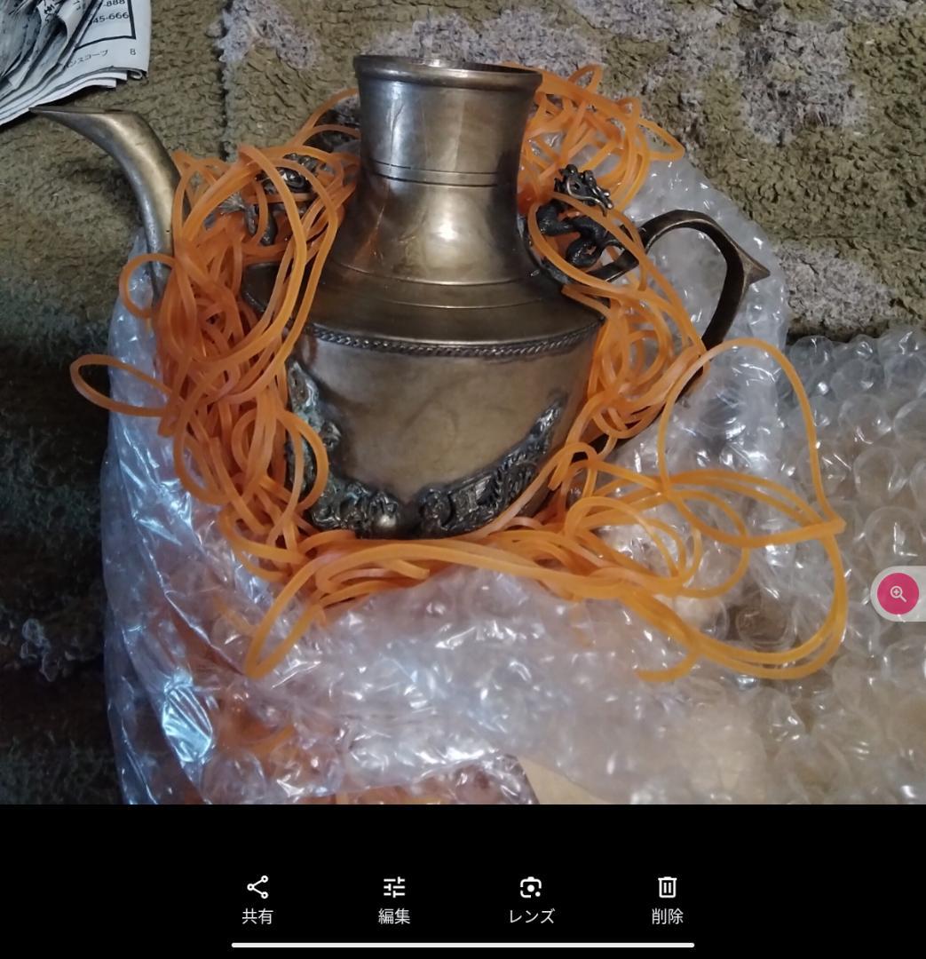 模作中国紋銀製ポット酒器紋銀刻印あり金物で打つときれいな音するゴムで黒くなった