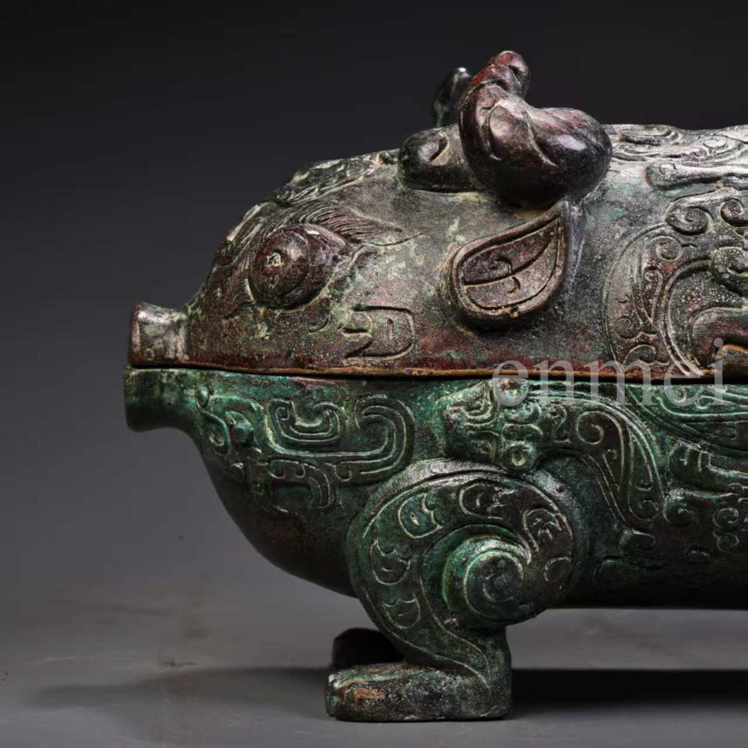 中国古美術・珍品旧藏・青銅器 豚形 食盒 蓋物 香炉 彫刻文様・置物・風水開運