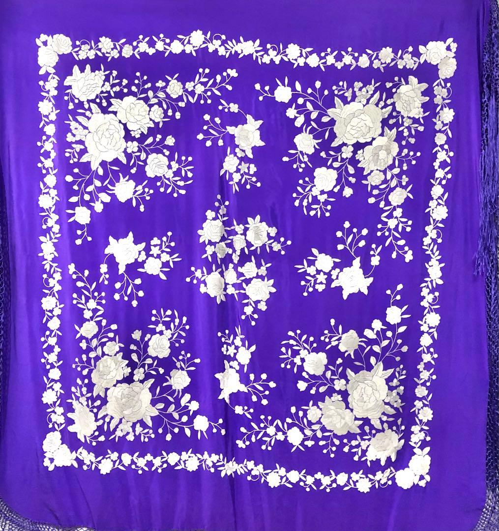 スペイン直輸入★1点物ボルダドスフォロンダ★シルクマントン140cm紫アイボリー