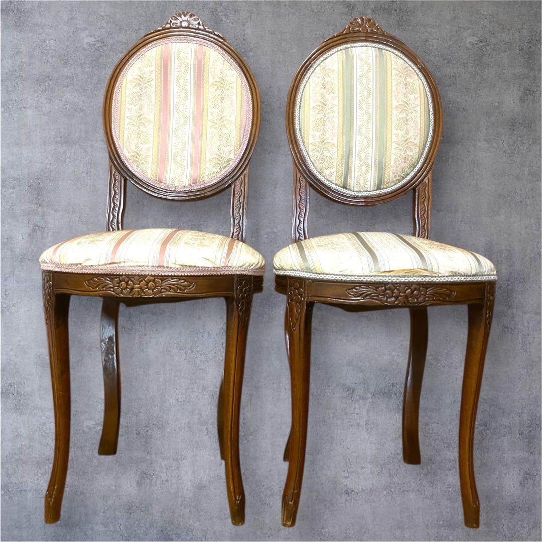 【ペア】フレンチアンティーク調チェア　ルイ16世様式　猫脚　クラシック花柄張り