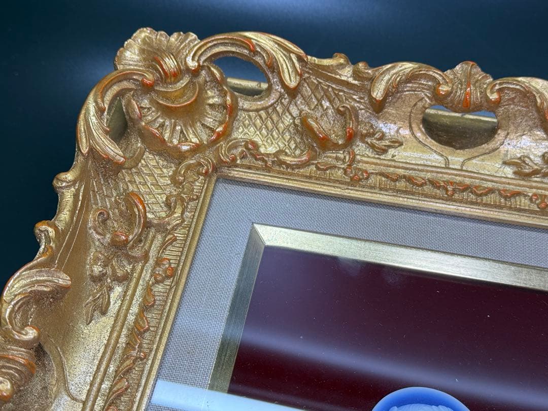 西ドイツ製 ストーンカメオ サファイアカメオ 貴婦人 彫刻 古径額装付