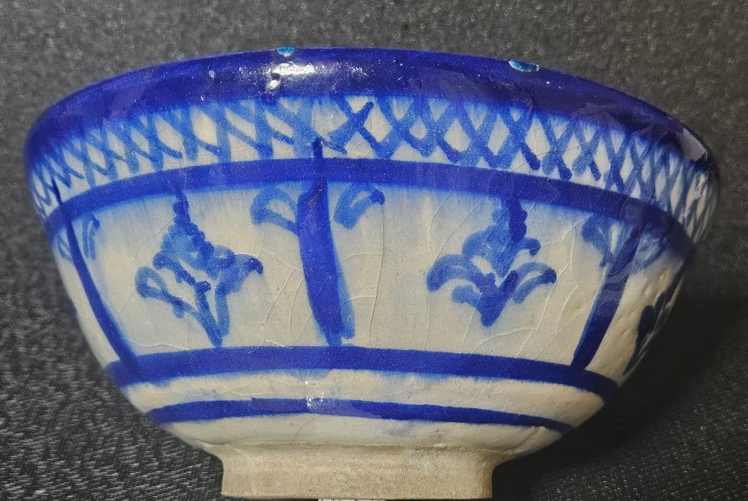 【本物保証❗】イスラム陶器　古代ペルシャ古陶　ラピスラズリ釉　花に格子文様　鉢