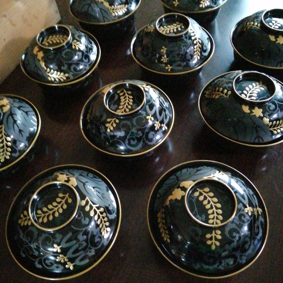 木製漆器　藤紋蓋付煮物椀　10客　13cm　大正〜昭和初期　椀中ヤケあり