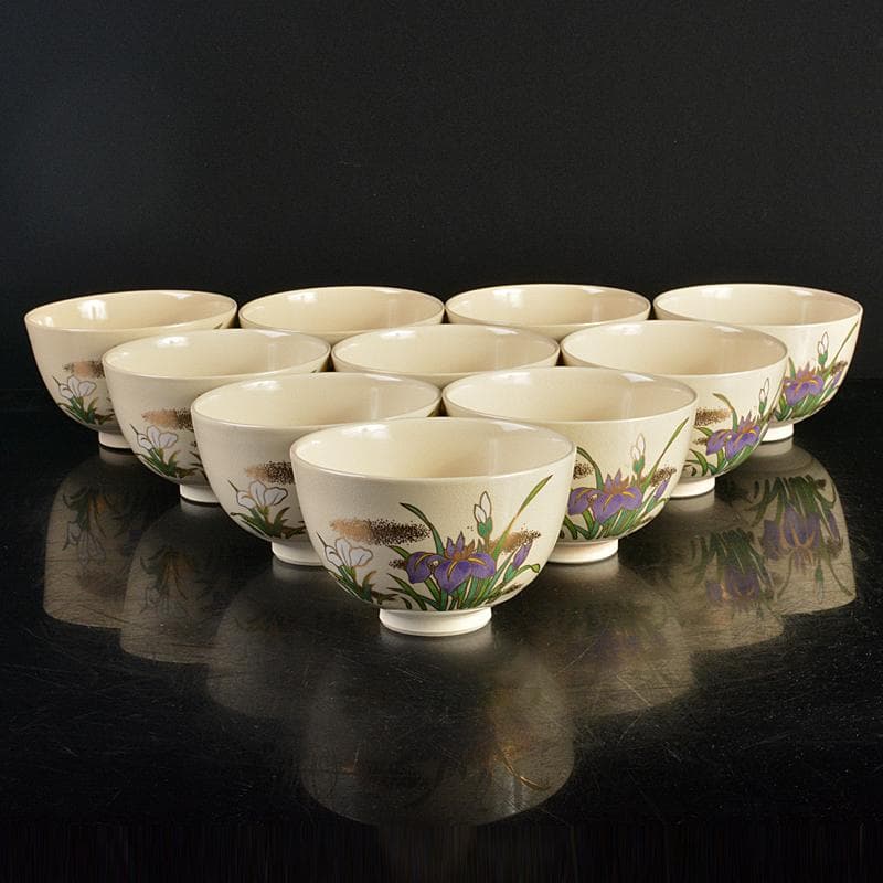 anko　鈴木清安作　色絵金彩　仁清菖蒲文数茶碗十客共箱　V　R7058B