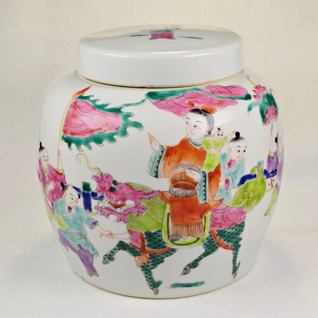 舶来品 中国古磁 五彩 手絵 麒麟天官送子図 大型 姜缶 人頭缶 清同治在銘