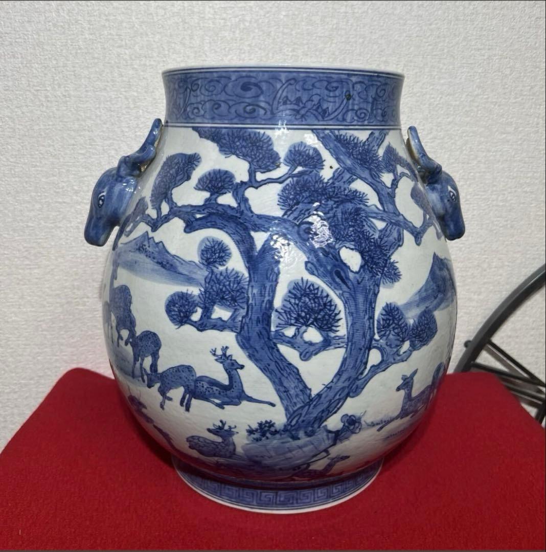 中国美術　百鹿図　鹿耳尊花瓶　青花　大明萬暦年製　骨董　双鹿耳大壺　染付