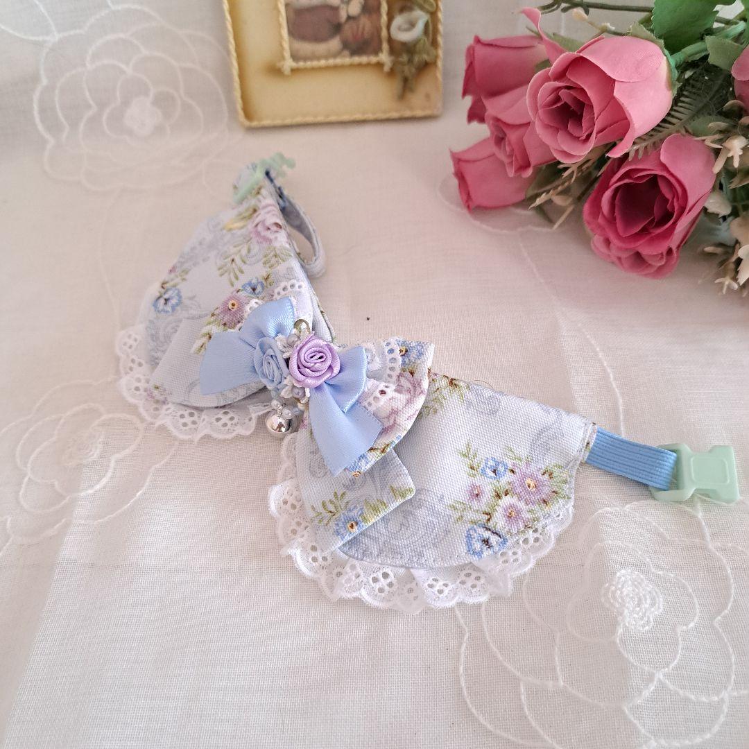 ローズ柄(ブルー)わんちゃん猫ちゃん用襟付首輪