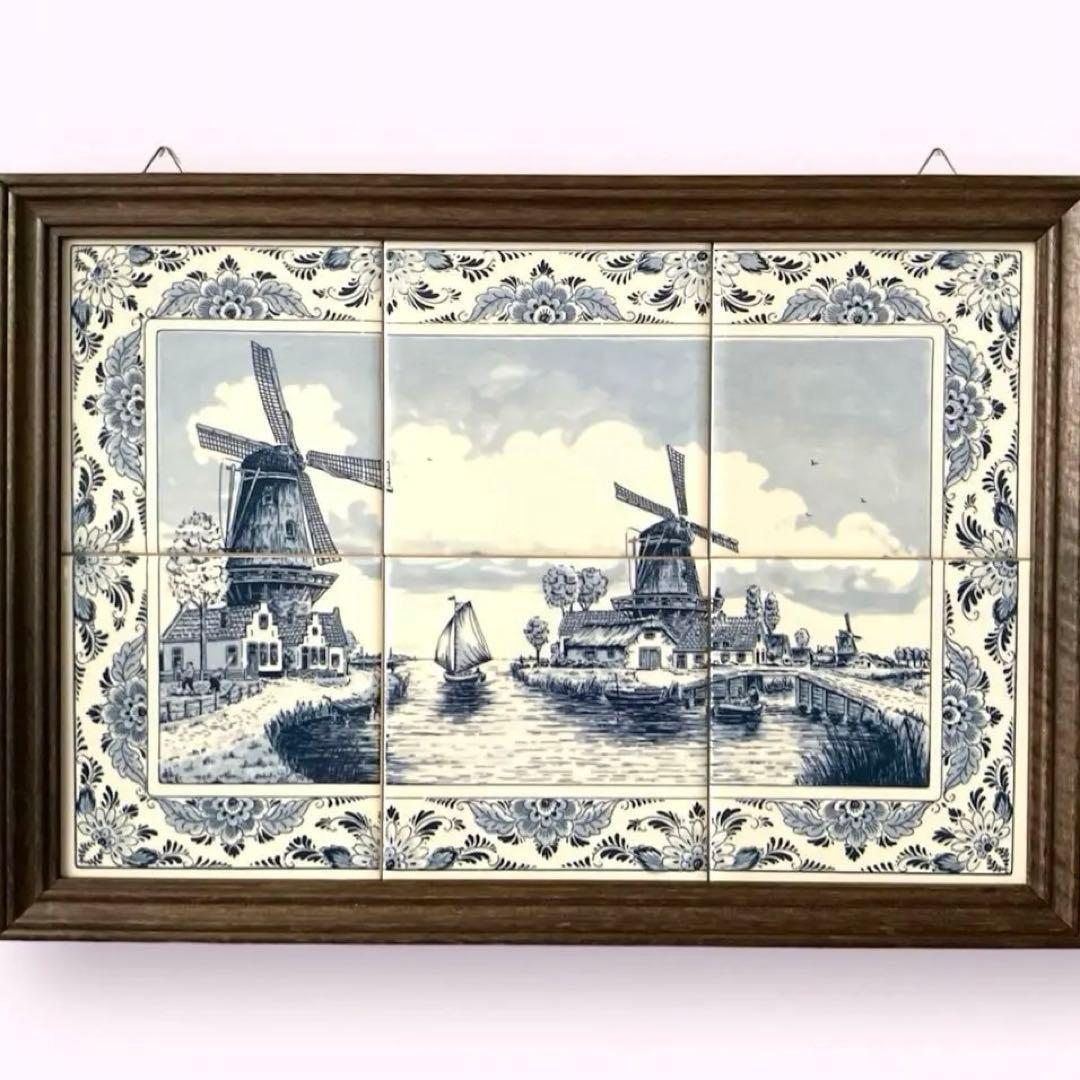 オランダ　タイル　風景画　風車　壁掛け　ハンドペイント　デルフトブルー