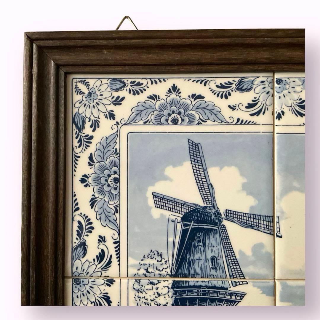 オランダ　タイル　風景画　風車　壁掛け　ハンドペイント　デルフトブルー