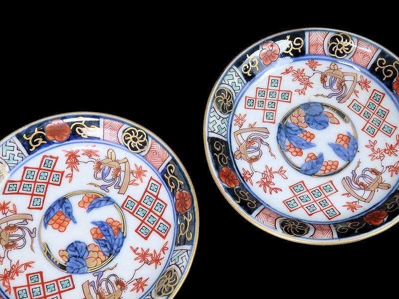 古伊万里　金襴手　烏帽子に紅葉の図　豆皿　手塩皿　２枚　E201AS-CPw