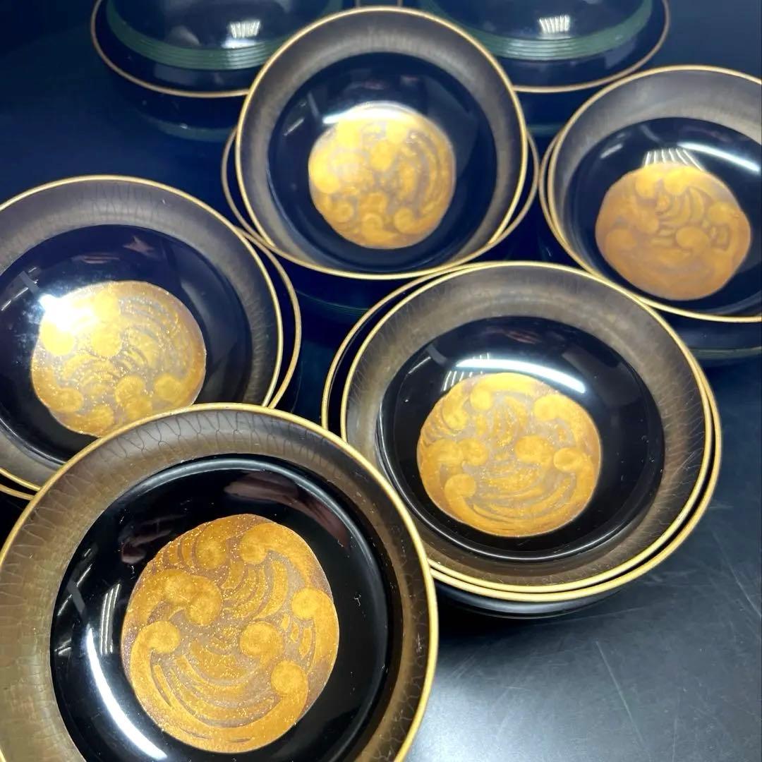 輪島塗　廣塚作　研ぎ出し蒔絵椀6客と蓋1点　身口径11.5㎝ 東Y8-0206①