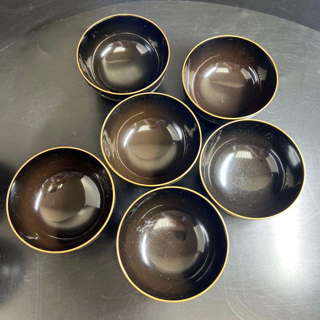 輪島塗　廣塚作　研ぎ出し蒔絵椀6客と蓋1点　身口径11.5㎝ 東Y8-0206①