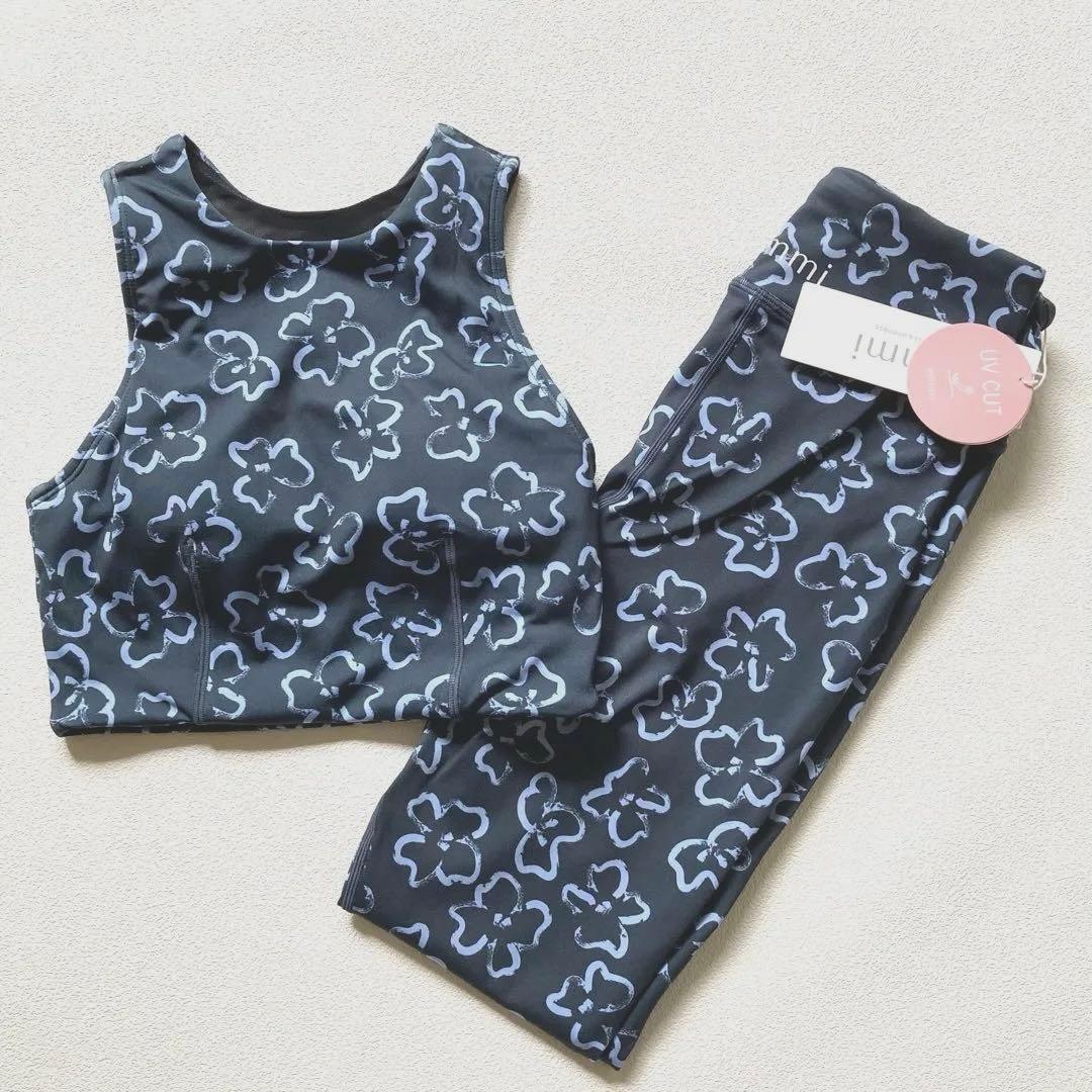 エミ ヨガ 上下 セットアップ 0 ブラトップ レギンス ヨガウェア 花柄 紺