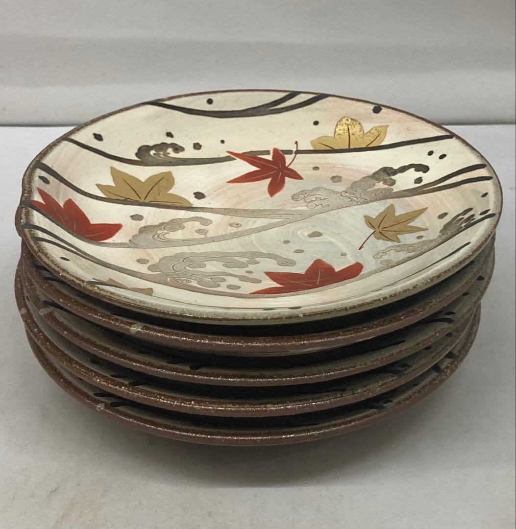 B409b 「乾山写 紅葉に流れ銘々皿」5枚　京焼　金彩銀彩　作者不詳　和菓子