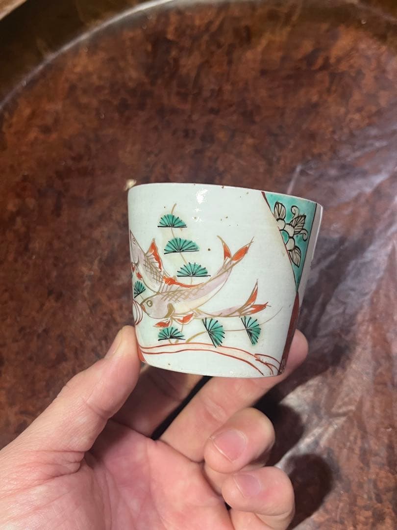 古伊万里　無傷完品　鮎　色絵　流水　そば猪口　蕎麦猪口　双魚