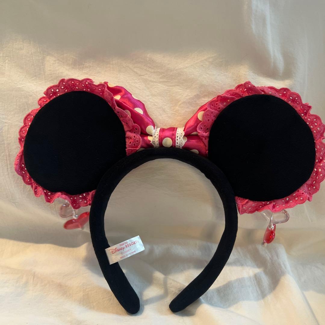 ディズニー　ミニー　水玉　ビーズ　カチューシャ　ピンク　イヤリング