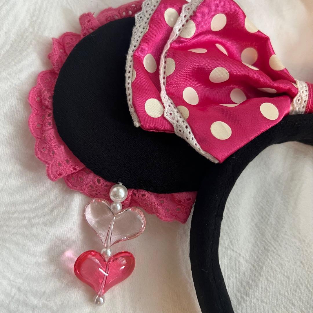 ディズニー　ミニー　水玉　ビーズ　カチューシャ　ピンク　イヤリング