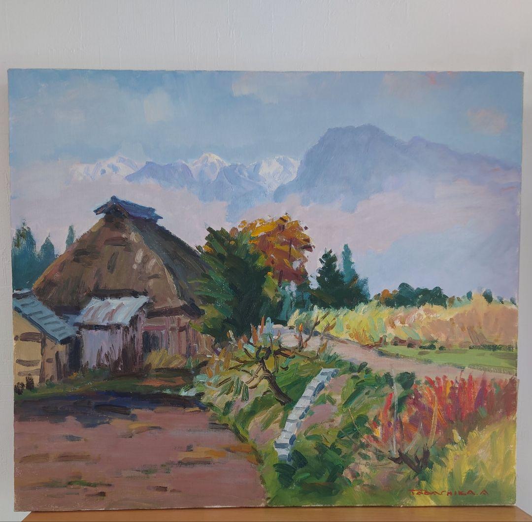 赤羽忠親「民家と有明山」油彩Ｆ10号　真作保証