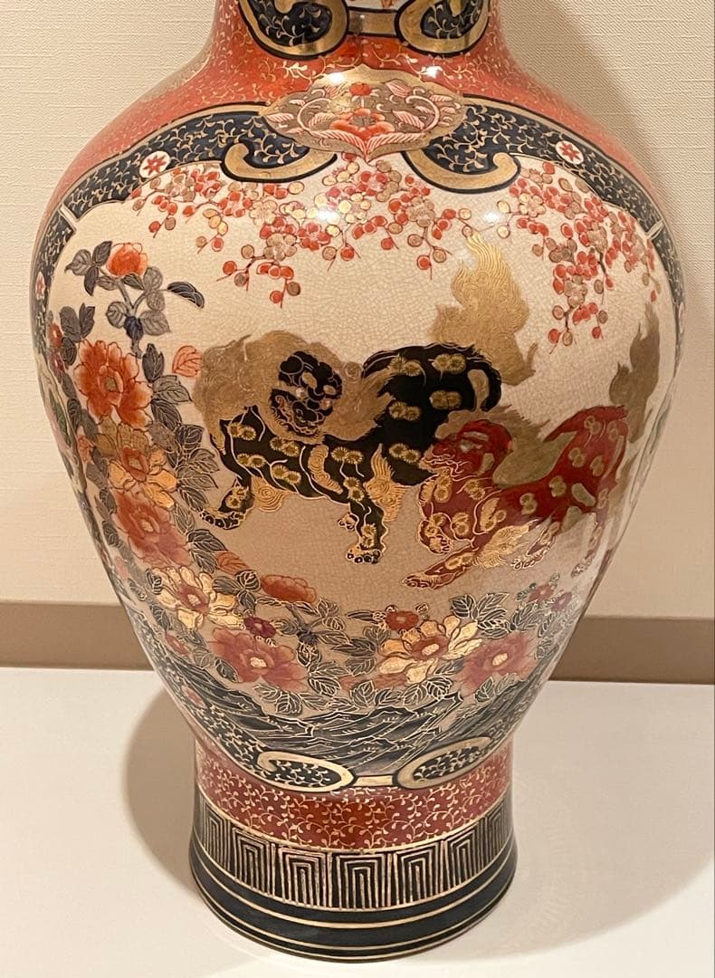 九谷焼 伊万里 陶月 梅牡丹孔雀獅子図金襴手 大花瓶 高さ約76cm