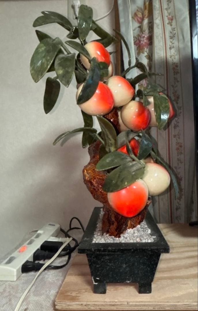 玉石桃木鉢植 玉桃盆栽石細工 玉石彫刻 唐物 中国骨董