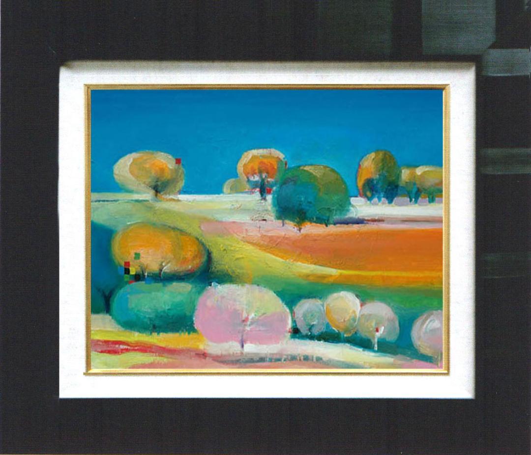 油絵 菅家令子 絵画インテリア額付(青緑＋金色の枠)uF6-110809風景田園