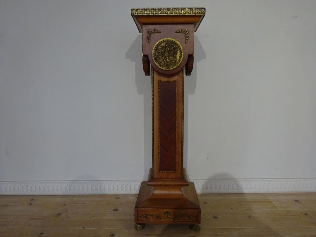 スペイン製　花台　時計台　飾り台　アンティーク　大理石天板　真鍮装飾