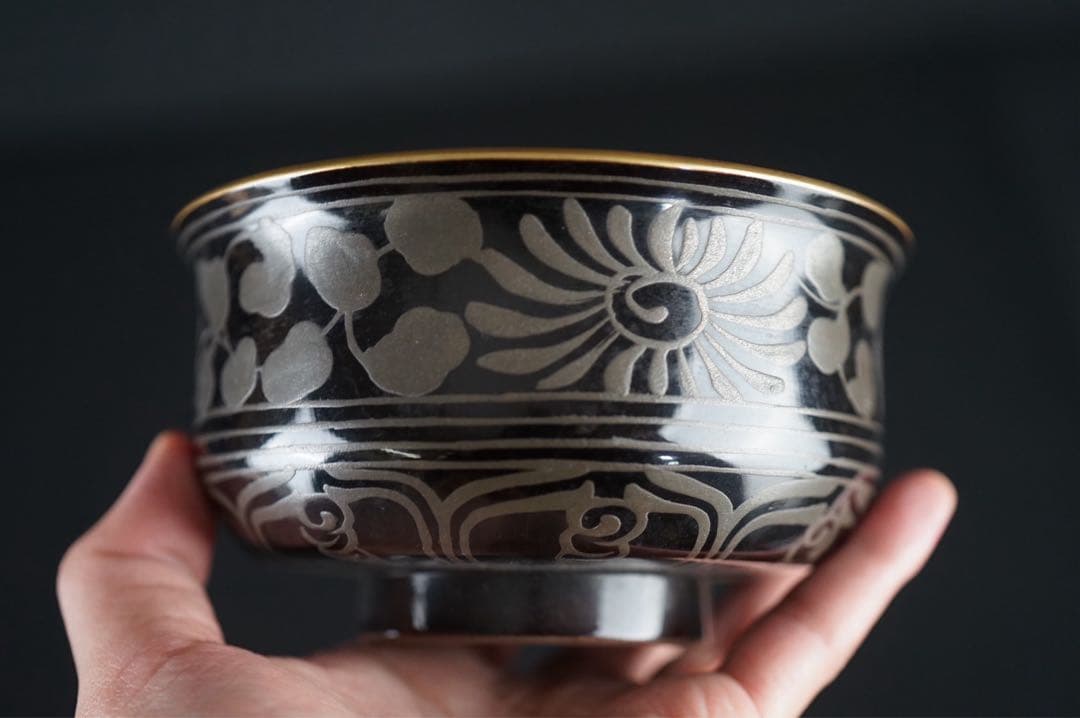 塗師 蒔絵 橘屋友七 作 時代 菊唐草 銀蒔絵 内銀地 盃洗 共箱