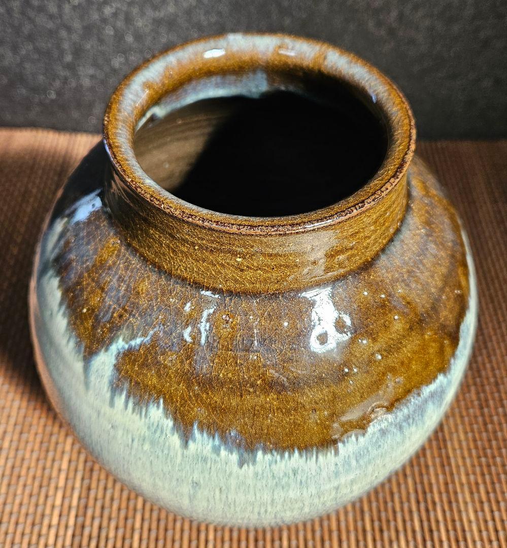 熊本　小代焼　伝統工芸士　井上泰秋作 小代海鼠釉　壺　花入れ　陶器　共箱　茶道具