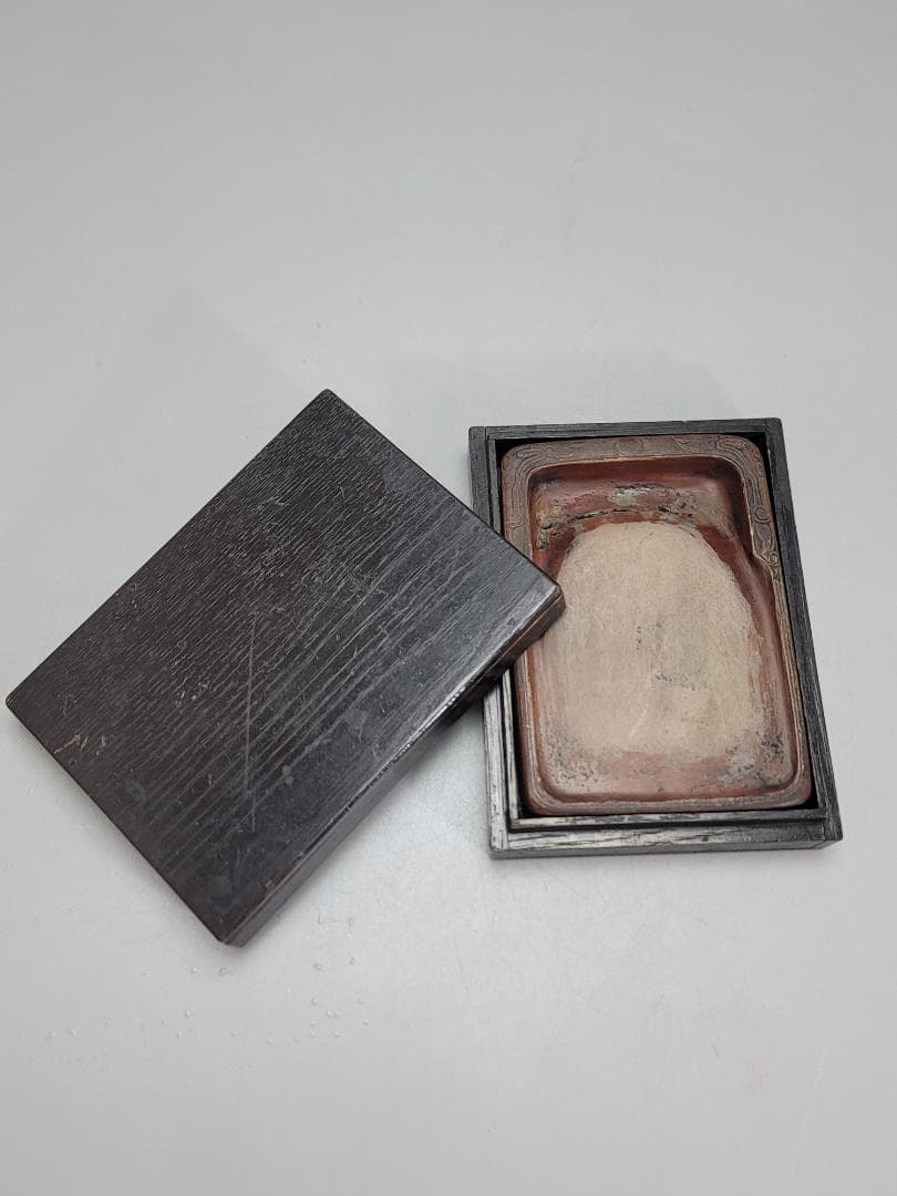 中国美術　書道具 紅澄泥双龍 文長方陶硯