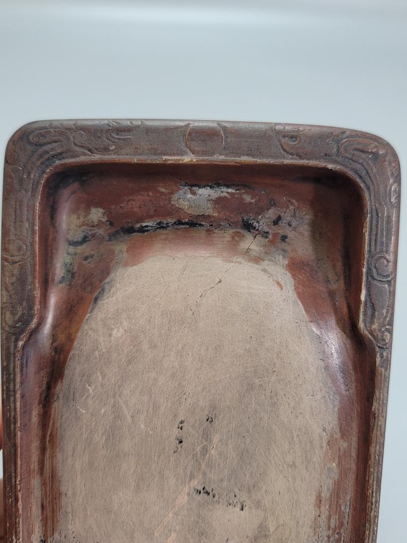 中国美術　書道具 紅澄泥双龍 文長方陶硯