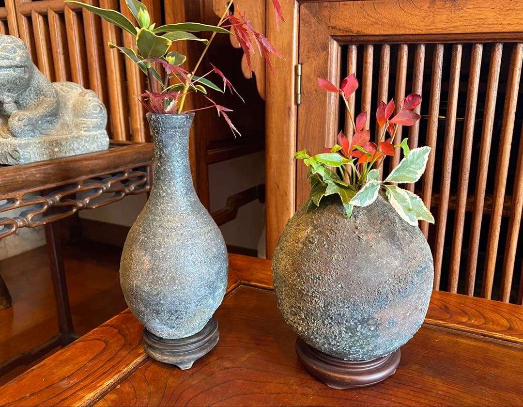 古美術　薪窯常滑焼　一輪挿し・花器　 4点セット ヴィンテージ　レア