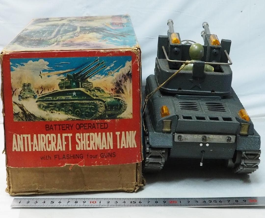 米澤【 シャーマン タンク 対空戦車 動作不調】当時物ブリキ自動車TIN 箱付