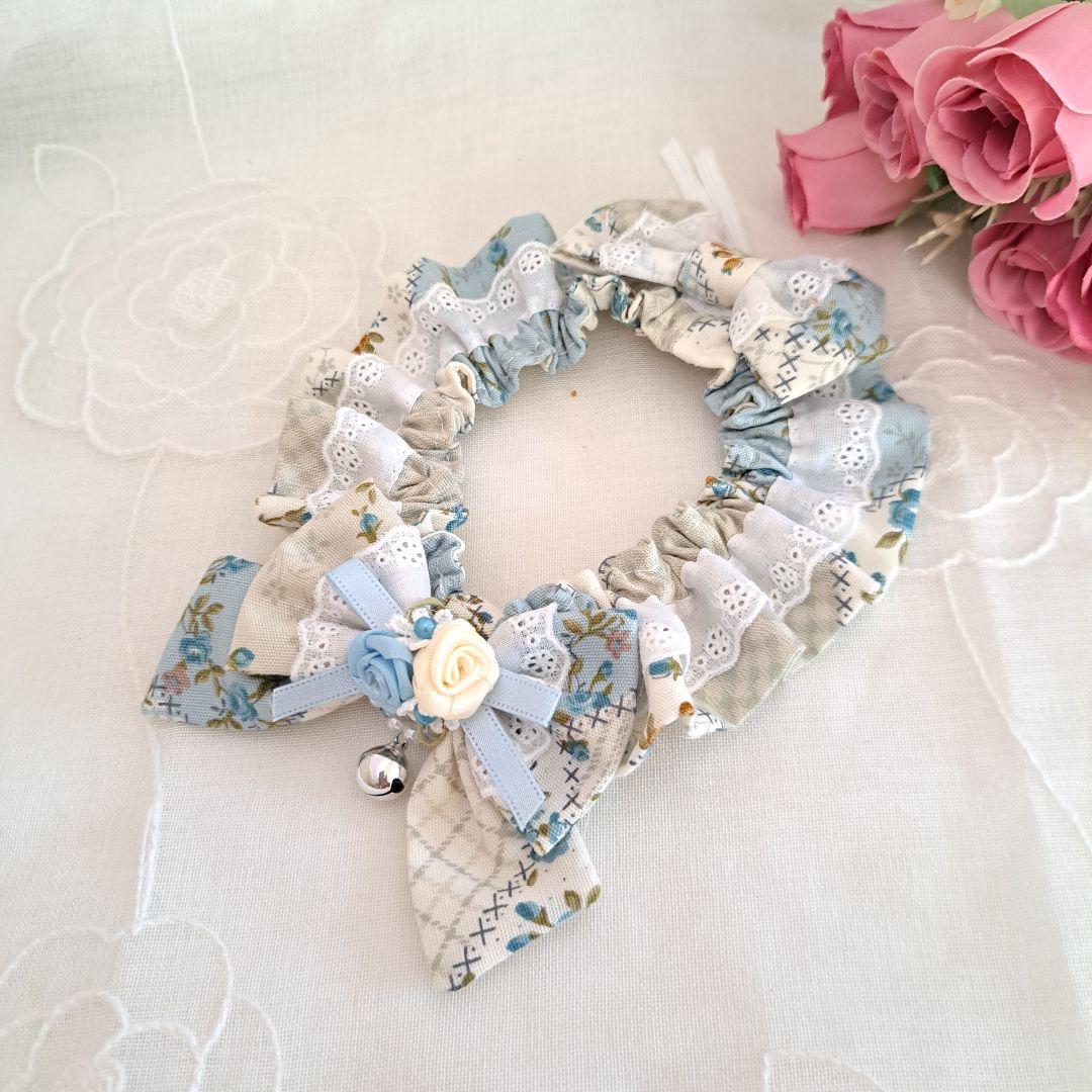 短毛シュシュ(カントリーパッチワークブルー)わんちゃん猫ちゃん用