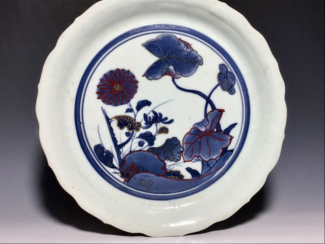 「古九谷」金銀彩菊花芋葉文中皿