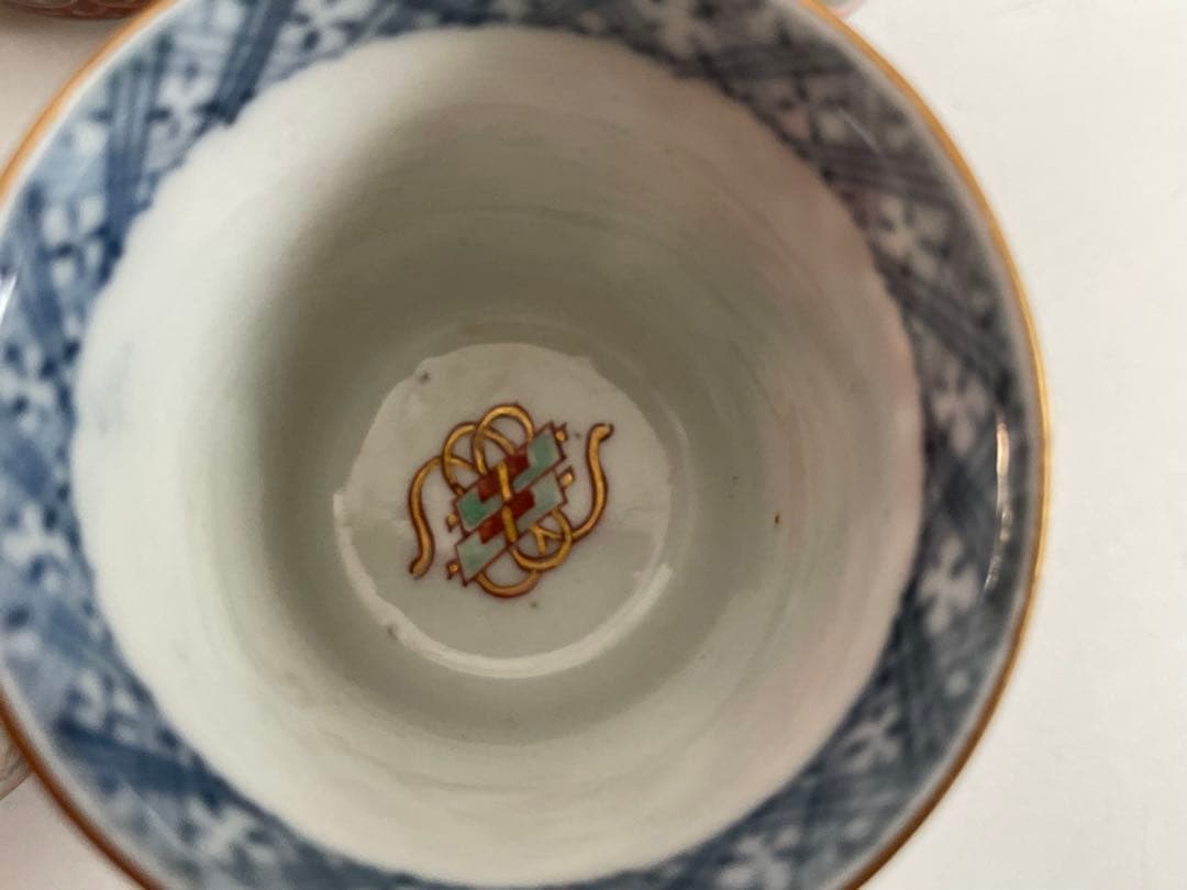 骨董　アンティーク　古伊万里　大聖寺伊万里　色絵　唐草鯉図　筒盃　猪口　五客